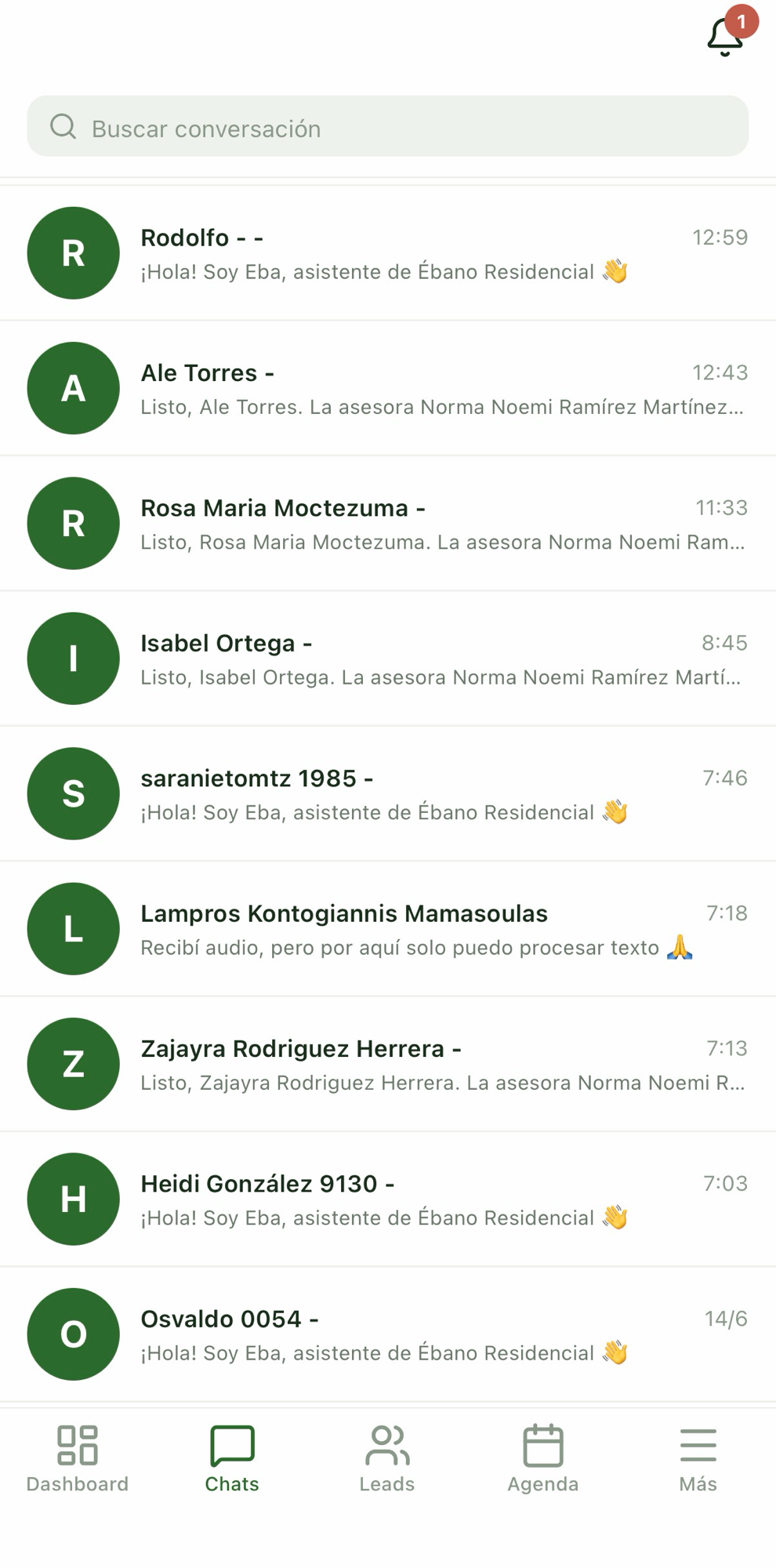 Chats de WhatsApp en la app de JomCloud
