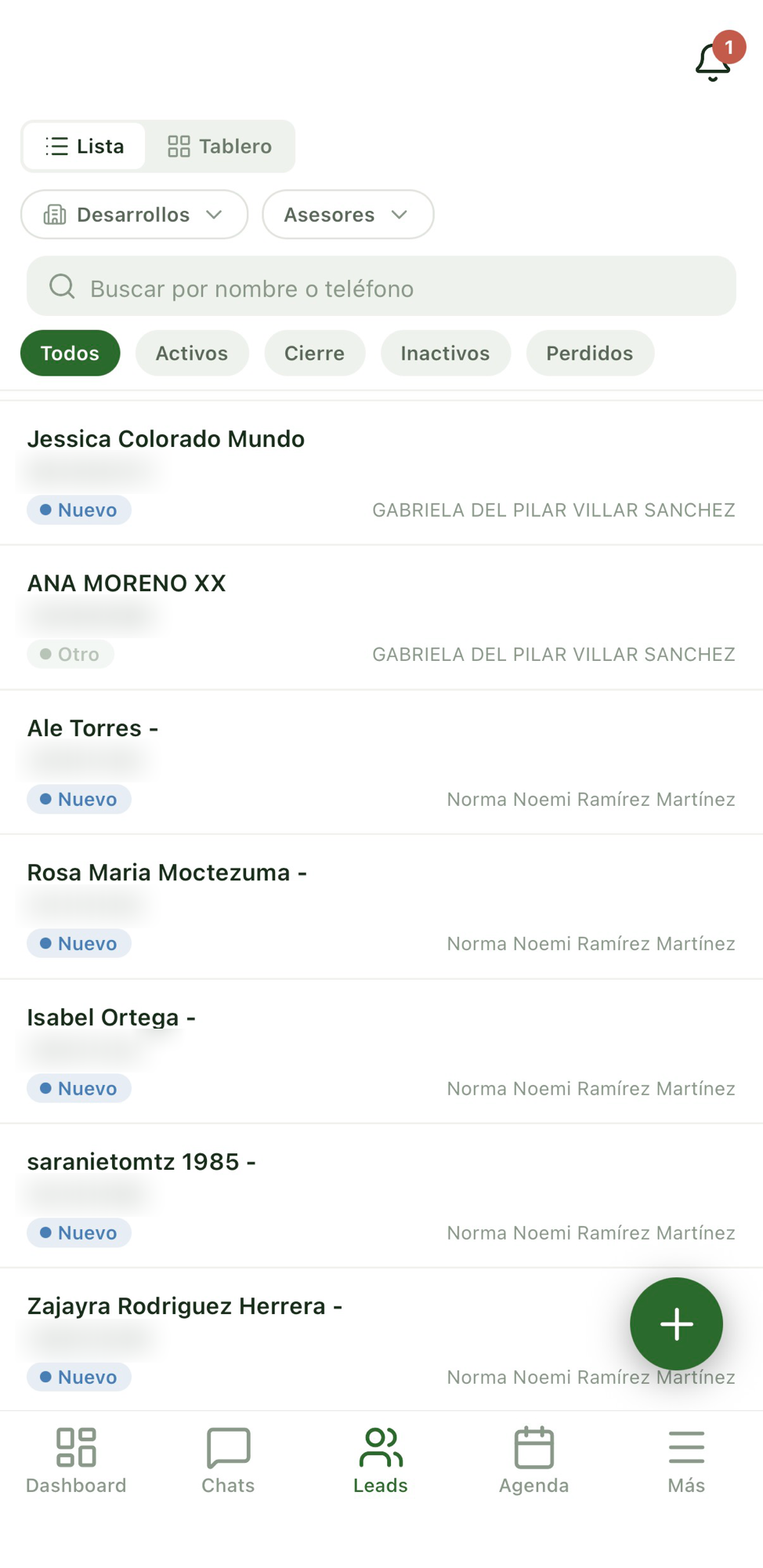 Lista de leads en la app de JomCloud